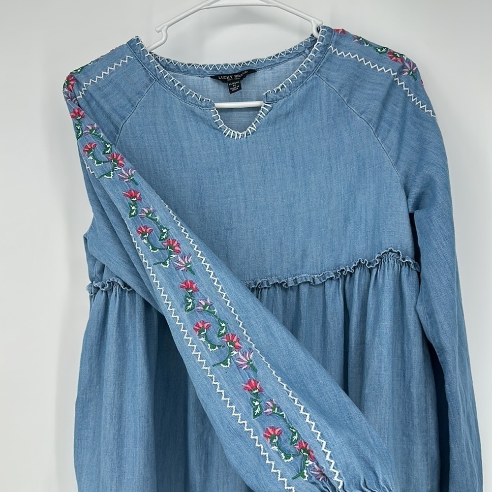 Size XL Lucky Brand Girls Embroidered Cotton Dress Blue Long Sleeve L14 - Picture 3 of 7